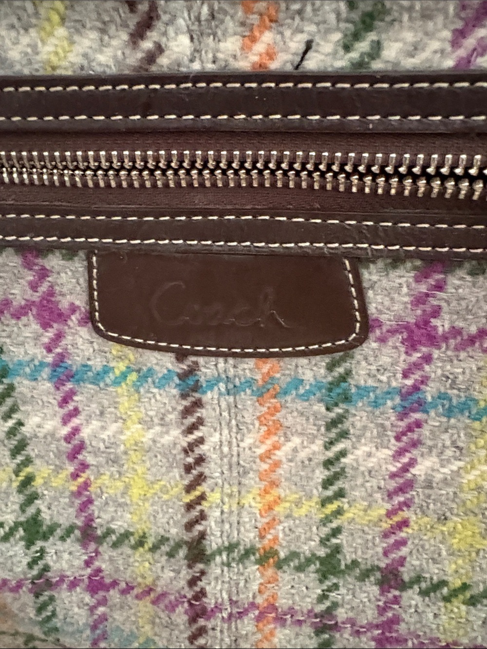 Coach Multicolor Plaid Tweed Shoulder Bag with Brown Leather Trim